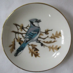 VINTAGE CROWN STAFFORDSHIRE FINE BONE CHINA BLUE JAY BIRD PIN DISH - Picture 1 of 6
