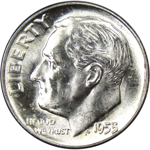 1953 Roosevelt Dime BU Uncirculated Mint State 90% Silver 10c US Coin Cover