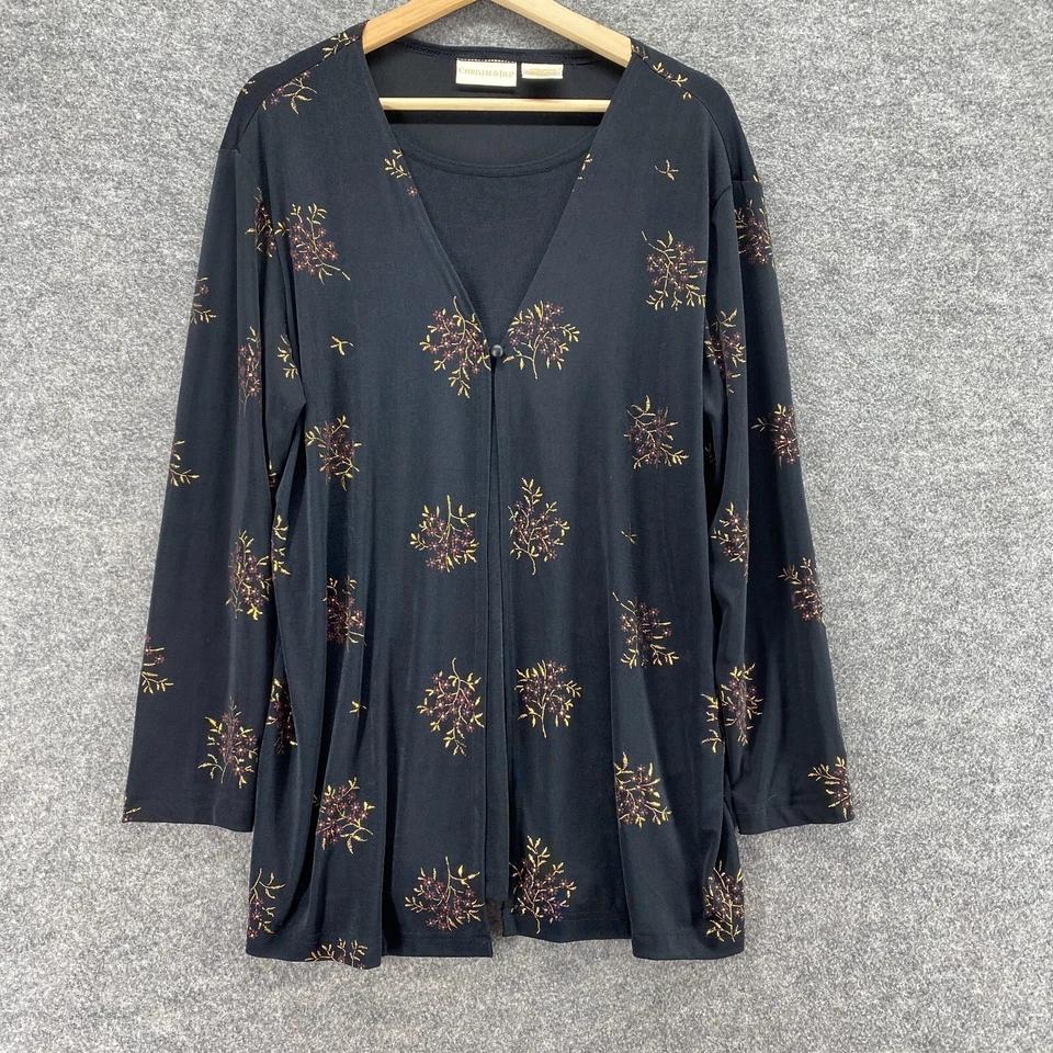 Blusa Christie & Jill Mujer L Grande Negra Floral Cuello en V Un Botón Manga Larga Foto 1 de 4