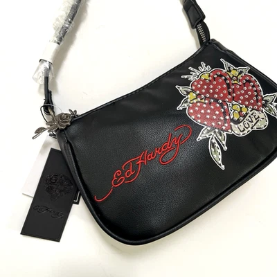 NWT Ed Hardy Rhinestone Love Hearts Shoulder Bag Black Tattoo Pouchette NWT - Image 1 of 4