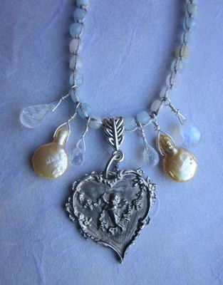 French Cherub Heart Pendant Morganite Beryl Bridal Necklace Pearl Moonstone $220 - Image 1 of 4