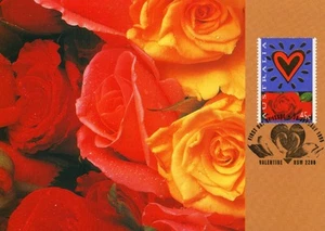 1995 VINTAGE Yellow Red Rose POSTCARD Maxicard FDI stamp as NEW Valentine Cancel - Picture 1 of 2