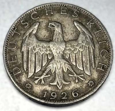 1926 A Germany Weimar Republic 1 Reichsmark Very Fine .500 Silver Coin - 0378 - Image 1 of 2