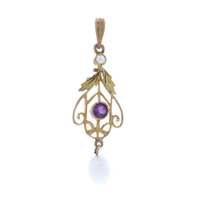 Pendentif Lavalière Edwardien En Perles De Sécurité Simulées En Or Jaune 10k - Photo 1/4