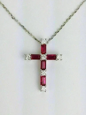 Lab Created Ruby 2.40Ct Buguette Cut Cross Charm Pendant 14K White Gold Plated - Image 1 of 4