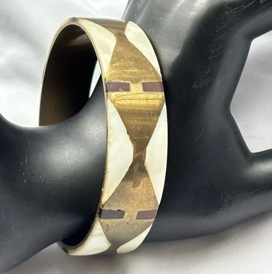 Beautiful Brass And Shell Inlay Bangle Bracelet India 2.75” Diameter .75” Wide - Image 1 of 4