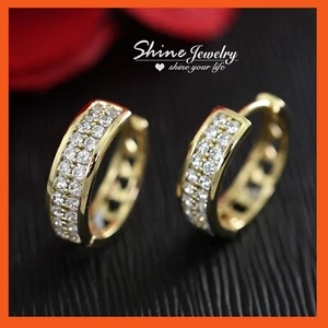 9CT Yellow Gold GF Double paved Classic Simulated Diamond Eternity HOOP EARRINGS - Bild 1 von 7