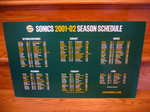 SEATTLE SUPERSONICS 2001-02 Season Schedule Basketball Poster 22" x 14" G PAYTON Cover
