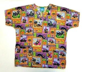 SCRUB HQ Halloween Scrub Top Women Black Cats Candy Corn medical dental vet - Picture 1 of 12