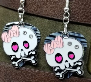 Large White Skull and Crossbone Charm Guitar Pick Earrings - Pick Your Color - Picture 1 of 9