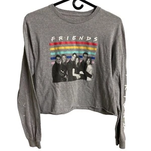 Friends Show T-Shirt Womens Medium Gray Long Sleeved Cropped Graphic Rainbow - Picture 1 of 7
