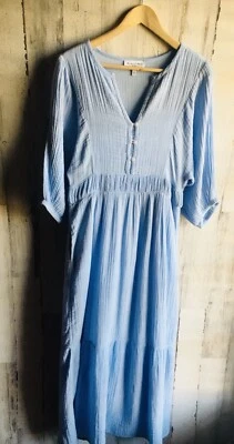 NUEVO SIN ETIQUETAS $188 Vestido Maxi Michael Stars Gasa S Azul Cintura Bandas Henley Foto 1 de 4