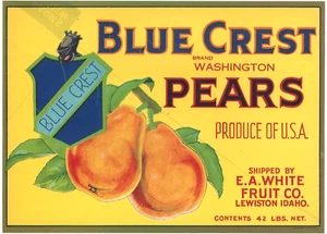 Original seltener Fehldruck BLUE CREST Washington Birne Kiste Etikett Lewiston Idaho - Bild 1 von 1