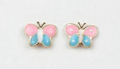 Pendientes de bebé mariposa esmaltada en oro amarillo de 14k, atornillado hacia atrás Foto 1 de 4