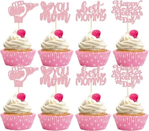 24Pcs Happy Mother's Day Cupcake Toppers Pink Glitter Best Mom Cupcake Picks - Picture 1 of 4