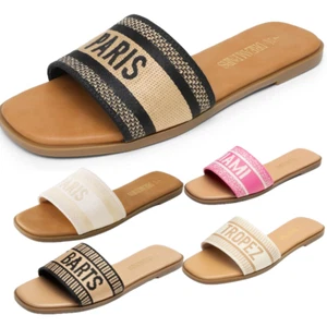 Women Summer Casual Slide Sandals Square Open Toe Slip On Flat Sandals - Picture 1 of 26
