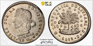Bolivia 1862 FP-PTS, 1/2 Sol, PCGS MS 63, Km#133.2 Pop 2/1 RARE Coin - Picture 1 of 2