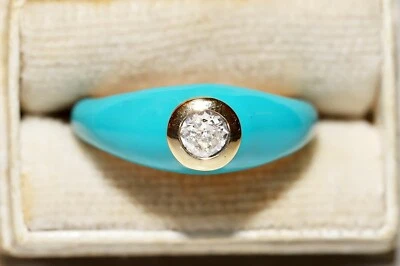 Anillo solitario esmalte turquesa diamante natural oro 18k nuevo hecho Foto 1 de 4