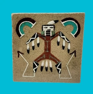 Vintage signierte Sandkunst THUNDERBIRD Navajo kleine Untersetzerfliese  - Bild 1 von 8