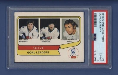 1976-77 O-PEE-CHEE WHA #1 GOAL LEADERS PSA 6 EX-MT TARDIF/CLOUTIER/NEDOMANSKY - Image 1 of 3