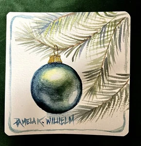4x4” Mounted To 5”x5” Original Pamela Wilhelm Watercolor Christmas Ornament - Picture 1 of 1