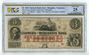 Billete obsoleto de 3 dólares del banco de agricultores y comerciantes de 1854 Memphis TN PCGS VF25 GR18 - Imagen 1 de 2