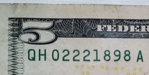 Billete de $5 elegante número de serie fecha de nacimiento 22/02/1898 MMDDYYYY- QH 02221898 A - Imagen 1 de 3