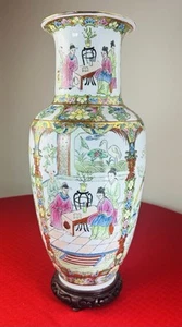 Jarrón grande medallón rosa chino de colección 16,5” marca Qianlong pintado a mano floral - Imagen 1 de 17