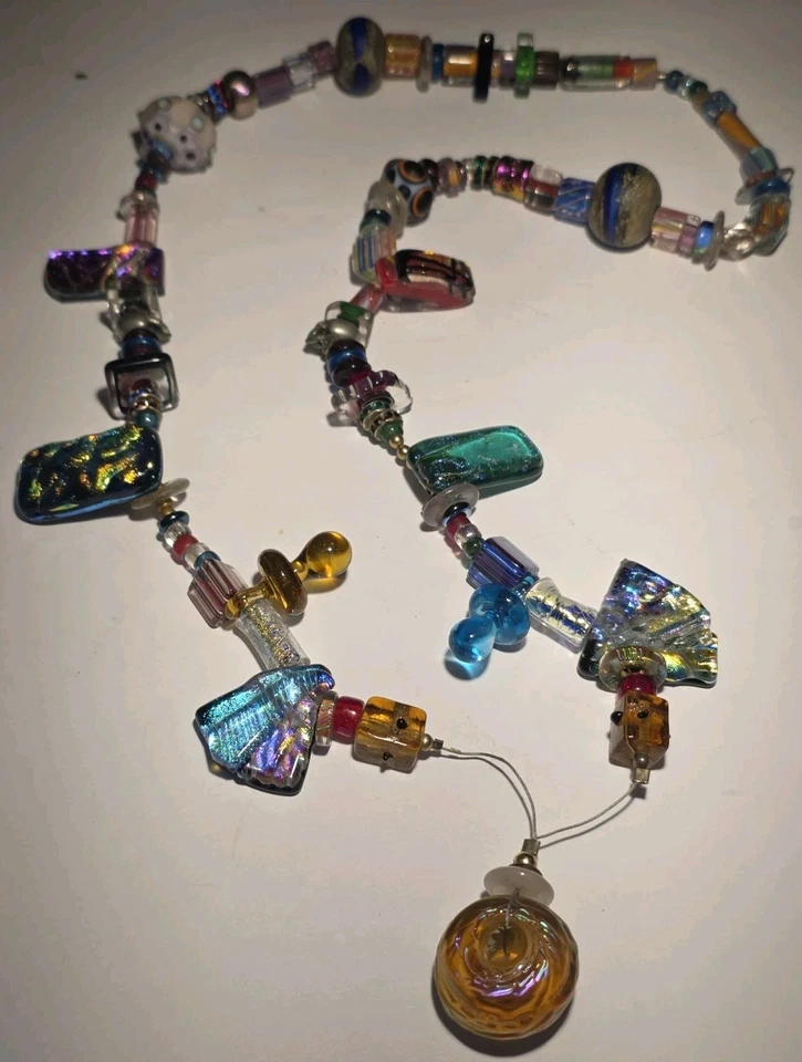 One-of-a-Kind Dichroic Glass Artisan Beaded Necklace Heavy Chunky Folk Art - Image 1 of 4