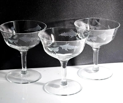3 Weston Floral Low Champagne Coupe Glasses 4.5" etched sherbet dessert Vtg - Image 1 of 4