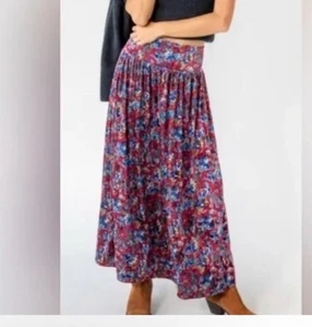 Natural Life Velvet Maxi Boho Prairie Skirt Floral Red M Festival Hippie Fairy - Picture 1 of 12