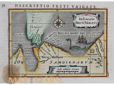Rusia Estrecho Yugorsky, mapa antiguo Delineatio freti Vaigats. Bertius Atlas 1616 Foto 1 de 4