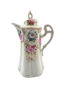 Vtg Chocolate Pot Hand Painted Pink Roses Gold Beaded Trim White Porcelain Japan - Picture 1 of 13