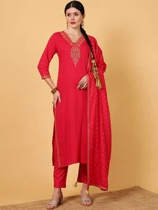 Indian Women Pink Rayon Embroidered Printed Kurta & With Trouser & Dupatta Set - Picture 1 of 8