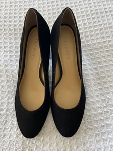 Talbots Black Suede Leather Pumps Round Toe Block Tortoise Shell Heel Size 7.5M - Picture 1 of 16