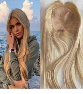 18 ZOLL EUROPÄISCHES ECHTHAAR 6x6 SEIDENBASIS TOPPER BLOND 60# GERADE CLIPS 12A - Bild 1 von 11