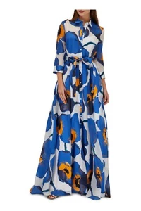 Carolina Herrera Collared Trench Gown Silk Maxi Dress Lupine Blue Multi Size 0 - Picture 1 of 9