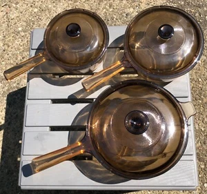 Vision Ware Corning Pyrex Amber Glass Cookware 6 Pc Pots USA 2.5 1.5 1 Liter Set - Picture 1 of 1