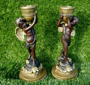 Pair Of Gold Brown Resin Winged Cherub Angel Decorative Candlestick Holders 