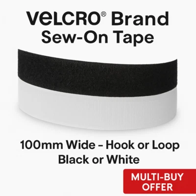 VELCRO® Sew-On Hook & Loop Tape – 100mm Wide – Black or White Fabric Fastener - Image 1 of 4