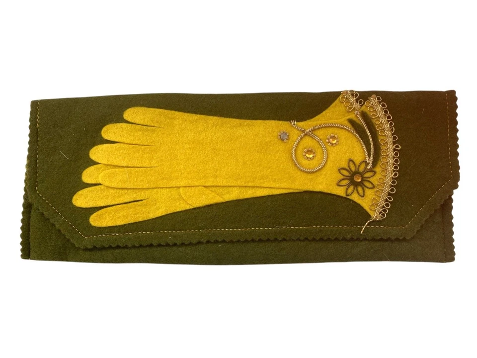 Soporte para guantes de fieltro verde vintage con diseño de guante dorado adornado Foto 1 de 4