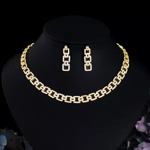 Luxurious CZ Cuban Link Tennis Wedding Necklace Earrings Gold Plated Jewelry Set - Picture 1 of 15