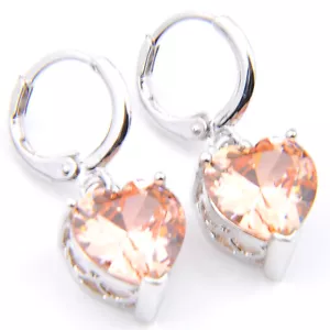 European Lovely Heart Style Natural Champang Morganite Silver Danlge Earrings - Picture 1 of 7