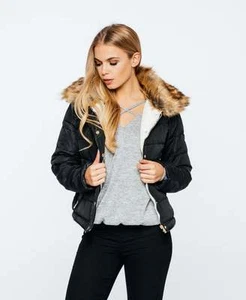 New Women Fur Hooded Ladies Quilted Puffa Jacket Bubble Bomber Coat Size 8-14 - Picture 1 of 28