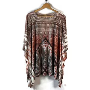 Reba Damen Tunika Top Größe 3X Braun Azteken Feder Strass Fledermaus Poncho - Bild 1 von 9