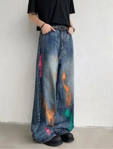 New Mens Vintage Baggy Jeans Y2K Wide Leg Painted Pants Oversized Denim Trousers - Picture 1 of 9
