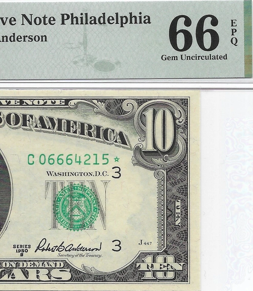 1950B $10 PHILADELPHIA *STAR* ⭐️ FRN PMG GEM Uncirculated 66 EPQ Banknote 2 of 2 - Image 1 of 3