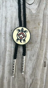 Western Bolo Tie with Wood Tribal Turtle Clip Black Lace Cord 18 Inches - Picture 1 of 5