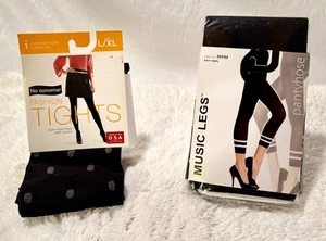 2 - NIP Tights, "Music Legs" Black w/Stripes, "No nonsense" Black w/Dots, L/XL - Picture 1 of 4