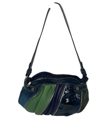 Bolso de hombro pequeño Baguette Fossil geométrico azul/verde charol y cuero suave Foto 1 de 4